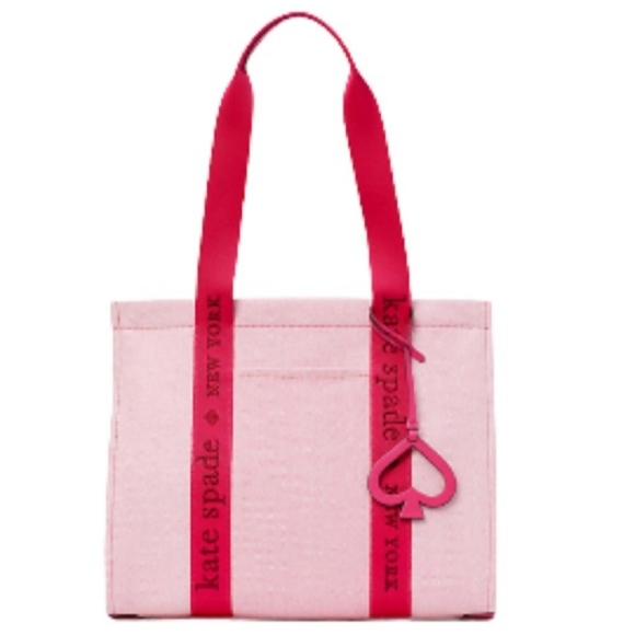 KATE SPADE Pink Kip Large CANVAS TOTE with Spade Charm and Signature Strap - Picture 3 of 17